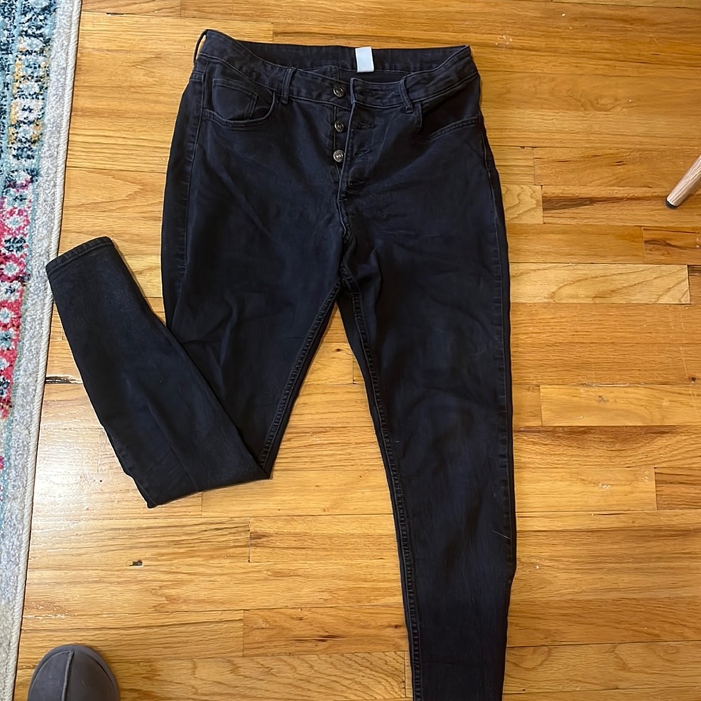 Grey/black button fly high rise jeans